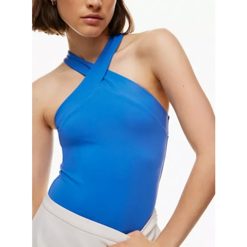 NWOT Aritzia Babaton Azure Blue Contour Criss Cross Thong Bodysuit XS Halter